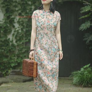 Etnische kleding 2023 Chinese vintage jurk Qipao Nationaal Bloemprint Katoenlinnen Verbeterde Cheongsam Oriental Folk