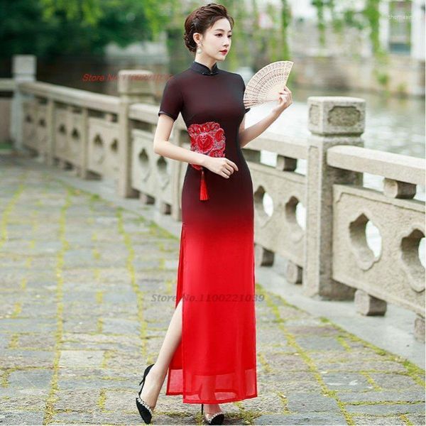 Ropa étnica 2023 Vestido vintage chino mejorado Cheongsam National Flower Bordado Gradiente Color Banquete Oriental Noche