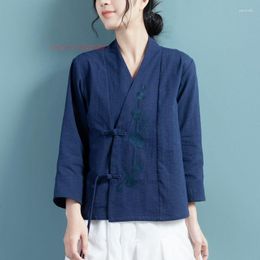 Vêtements ethniques 2023 chinois Vintage Hanfu Blouse fleur nationale broderie coton lin Oriental Service ample Zen manteau