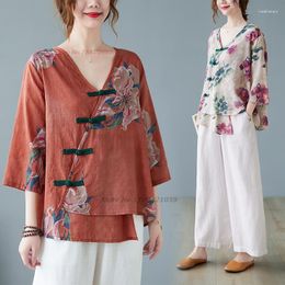 Abbigliamento etnico 2023 Hanfu vintage cinese Top Camicetta di lino in cotone con stampa floreale nazionale Camicia Zen retrò con scollo a V servizio orientale