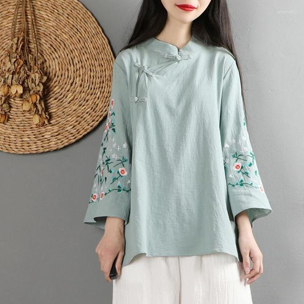 Vêtements ethniques 2023 chinois Vintage Style rétro femmes coton haut en lin délicate broderie chemise Zen Art Hanfu Blouse