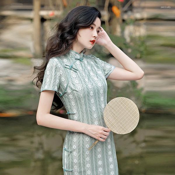 Ropa étnica 2023 encaje compuesto cheongsam blosaming rayas niña retro joven banquete qipao vestido de novia moderno sexy chino