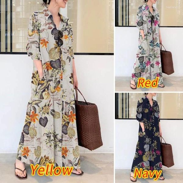 Vêtements ethniques 2023 Coton et lin Abaya Imprimer Revers à manches longues Slip Poche Chemise Femme Musulmane Robe Simple Lâche Casual Llong Robes