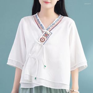 Vêtements ethniques 2023 coton lin col en v brodé chemises Style traditionnel chinois rétro Hanfu hauts Zen Cheongsam Qipao Blouse