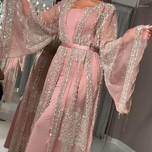 Vêtements ethniques 2023 DUBAI Muslim Dress Luxury Luxury Class Sequins broderie Lace Ramadan Kaftan Islam Kimono Femmes Black Maxi