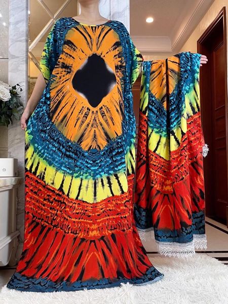 Ropa étnica 2023 Dubai Musulmán Vestido de manga corta con bufanda grande African Dashiki Impresión Algodón Caftan Lady Summer Maxi Casual Abaya