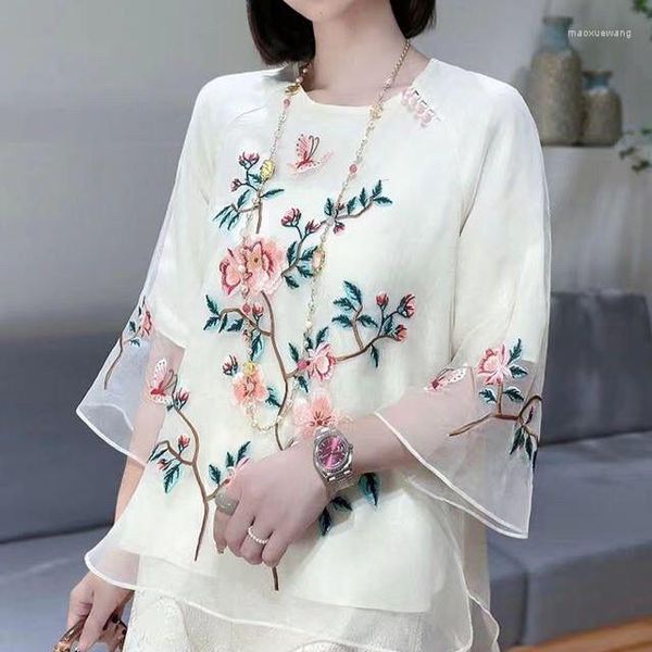 Ropa étnica 2023 moda china botón flor bordado Tangsuits Hanfu cuello redondo imitación seda blusa mujer Top