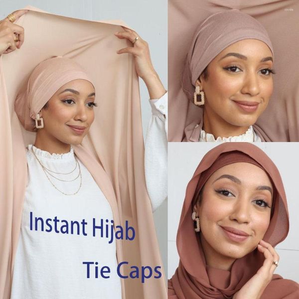 Vêtements ethniques 2023 mode Hijabs instantané en mousseline de soie Hijab écharpe avec cravate Jersey casquettes Bonnet marque Design musulman prêt à porter