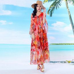 Vêtements ethniques 2023 Flare Sleeve Maxi Dress Fashion Ceintures en mousseline de soie Col en V Femmes Bohemian Beach Style Floral Print Causal Holiday Abaya