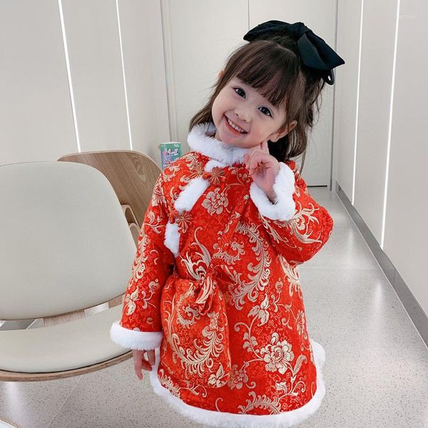 Ropa étnica 2023 falda acampanada para niña de 3 a 8 años estilo chino Cheongsam Floral bonito vestido de piel dulce acolchado grueso