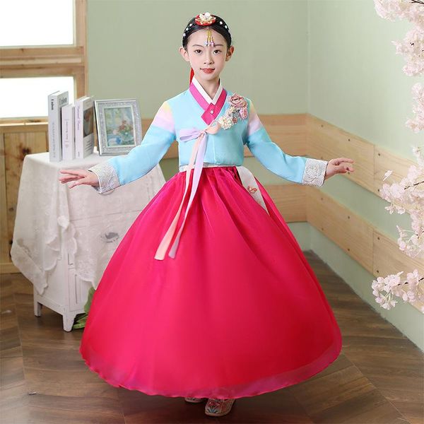 Ropa étnica 2023, trajes de baile para niñas, vestido Hanbok de flores coreanas, vestido de espectáculo de escenario para estudiantes nacionales, vestidos de actuación Vintage para niños