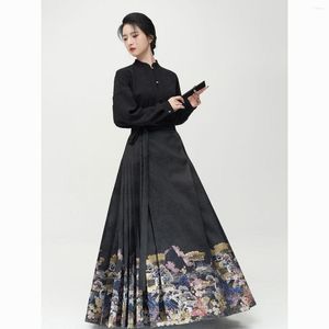 Vêtements ethniques 2023 Hanfu exquis tout style national col montant chemise courte jupe de cheval imprimée printemps et automne