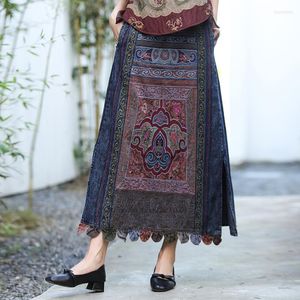 Vêtements ethniques 2023 Harajuku Fleur Broderie Denim Jupe Chinois Rétro Femme A-ligne Vintage Femmes Taille Élastique Midi