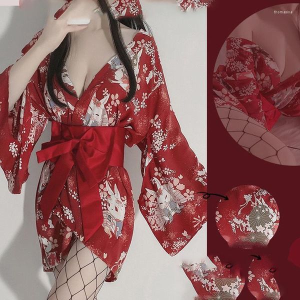 Vêtements ethniques 2023 japonais imprimé pyjamas Kimono chemise de nuit courte femme col en v Sexy papillon ceinture tunique Cosplay