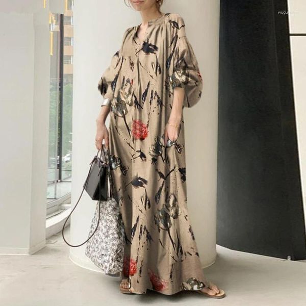 Vêtements ethniques 2023 Kaftan Cotton Linen Print V-Neck Simple Loose Casual Long Veled Veled Robes Sleeves Balloon Plus taille Femme Robe