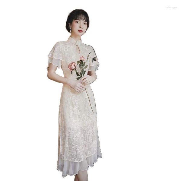 Ropa étnica 2023 Cheongsam de encaje Beige Bat manga Vintage A-line vestido delgado trajes de boda Qipao moderno chino tradicional