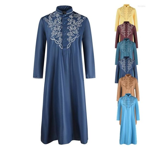 Ropa étnica 2023 Ramadán masculino musulmán abaya color sólido bordado de bordado collar dubai pavo moda islámica vintage suelta