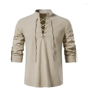 Vêtements ethniques 2023 Chemise à col en V pour hommes T-shirt Mode Vintage Mince Manches longues Top Hommes Casual Respirant Viking Front Lace Up Chemises masculines