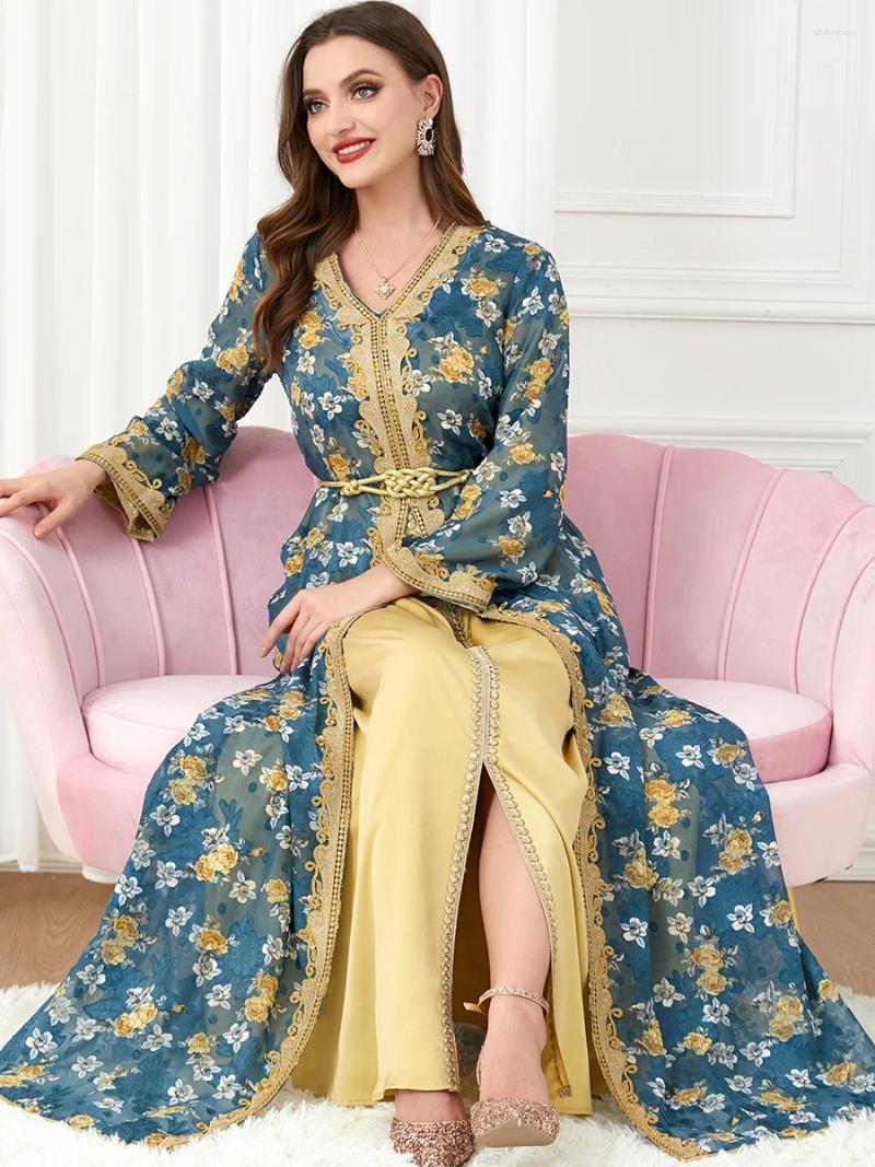 Ethnic Clothing 2023 Middle East Robe Muslim Two-piece Dress Belt Long Sleeves Lace Applique Cardigan And Women Gowns
