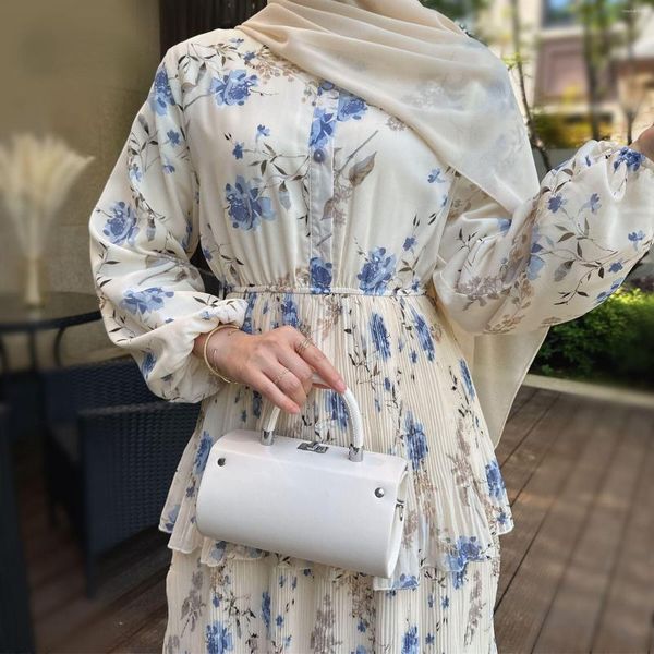 Vêtements ethniques 2023 Robe de gâteau plissée à trois couches en mousseline de soie imprimée du Moyen-Orient Largos Vestidos Elegantes Para Mujer Robe Femme Musulmane