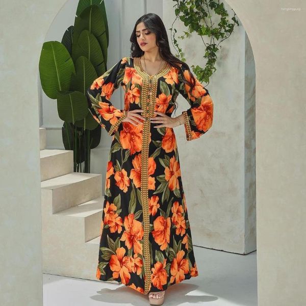 Vêtements ethniques 2023 Robe moyen-orientale fond noir Orange grande fleur Abaya mode femmes musulmanes Jawhara Caftan