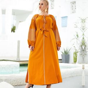 Etnische kleding 2023 Moslim waardige en comfortabele Arabische damesjurk gele diamant geometrische geborduurde riemcaftan