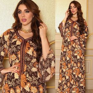 Etnische Kleding 2023 Moslim Jurk Gebreide Print Zomer Vintage Singels Oranje Abaya Chinese Lange Mouwen Vrouwen Femme Musulman