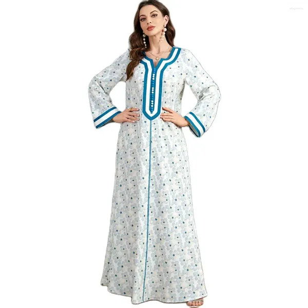 Vêtements ethniques 2023 Robes de soirée musulmanes Imprimer à manches longues Col V Maxi Robe avec broderie décontractée Luxueux Hijab