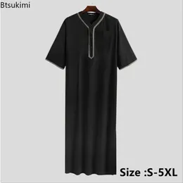 Ropa étnica 2023 hombres musulmanes Jubba Thobe botón sólido kimono bata media saudí hombre camisa soporte collar islámico árabe kaftan abayas