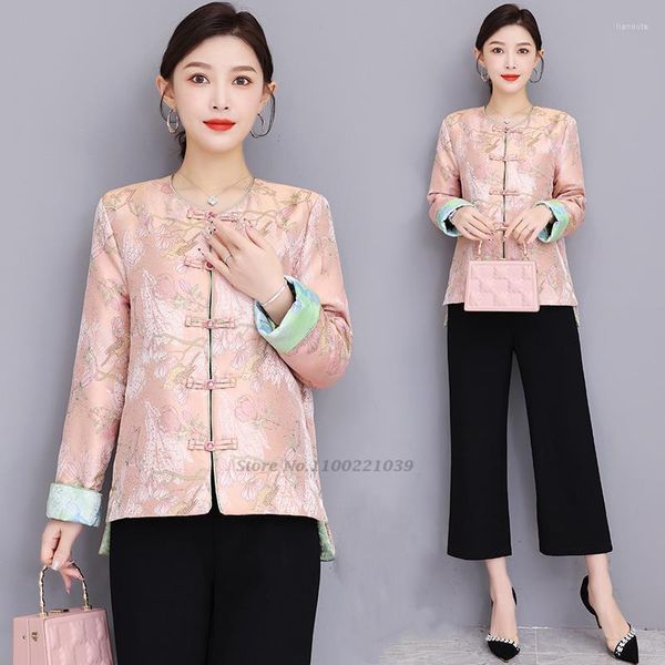 Vêtements ethniques 2023 National Fleur Imprimer Vintage Style Chinois Manteau Femmes Zen Vêtements Chine Tang Costume Traditionnel Rétro Rembourré Lâche