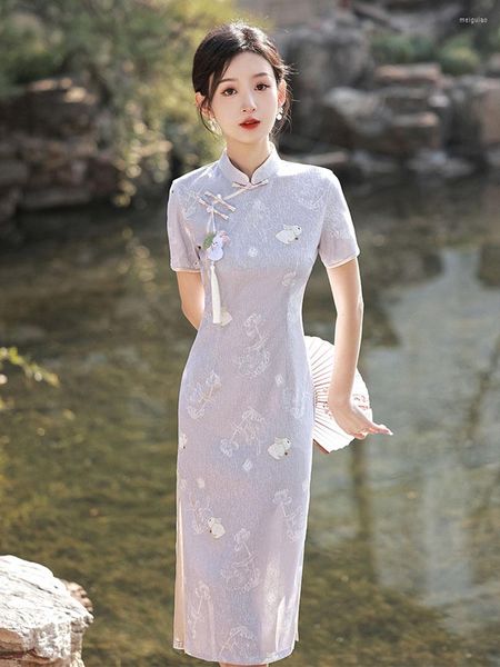 Vêtements ethniques 2023 violet Long Cheongsam Floral mince Vintage grande taille robe été à manches courtes amélioré chinois Qipao S à XXL