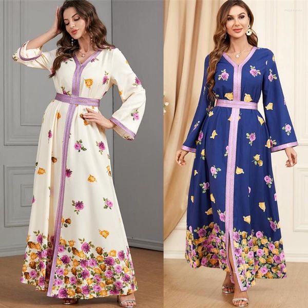 Ropa étnica 2023 Ramadán Eid Marruecos vestido de noche elegante estampado Floral mujeres musulmanas Abaya Dubai Abayas con cinturón Kaftan vestidos de fiesta