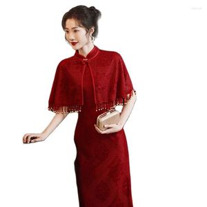 Ropa étnica 2023 Cheongsam rojo conjunto con chal chino tradicional boda vestido de novia fiesta femenina Qipao noche Formal