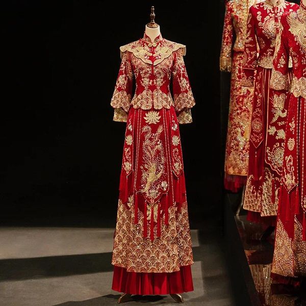 Ropa étnica 2023 Vestido de novia sexy rojo Vintage Cheongsam Qipao Vestidos largos tradicionales chinos Mujeres Phoenix Bordado Novia