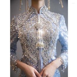 Vêtements ethniques 2023 raffiné bleu Phoenix broderie Cheongsam style chinois mariée robe de mariée mariage élégant toast robe de soirée