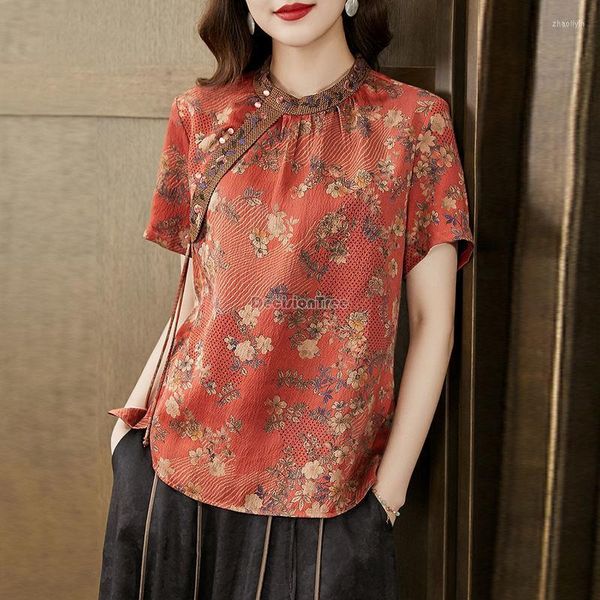 Ropa étnica 2023 Retro Casual estilo chino Cheongsam Top mujer verano Stand Collar manga corta mejorado elegante Qipao blusa S261