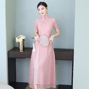 Vêtements ethniques 2023 S été Aodai Vietnam Qipao robe pour femmes dentelle traditionnelle Ao Dai longue robe soie genou longueur robes