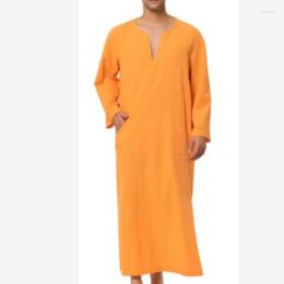 Vêtements ethniques 2023 couleur unie Abaya Islam mode hommes musulmans col en v Kameez manches longues arabe Thobe Simple Abayas Robe Qfriends homme