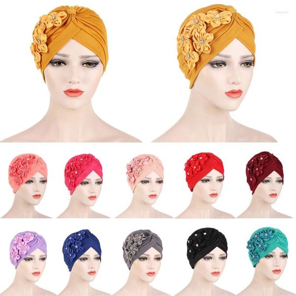 Ropa étnica 2023 Pliegues sólidos Cuentas Flor Musulmán Turbante Bufanda Mujeres Islámica Interior Hijab Caps Árabe Wrap Head Femme Musulman Turbante