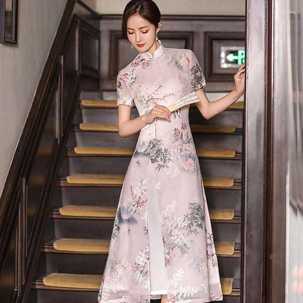 Vêtements ethniques 2023 printemps et été amélioré Cheongsam jupe longue mode fille en mousseline de soie brodé Style chinois Ao Dai Qipao robe pour