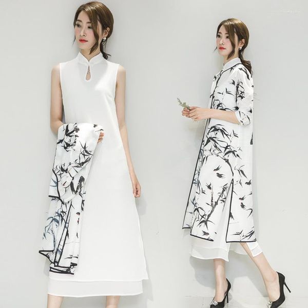 Ropa étnica 2023 primavera otoño estilo chino Cheongsam Qipao cintura suelta tinta impresa manga tres cuartos vestido de dos piezas para mujeres