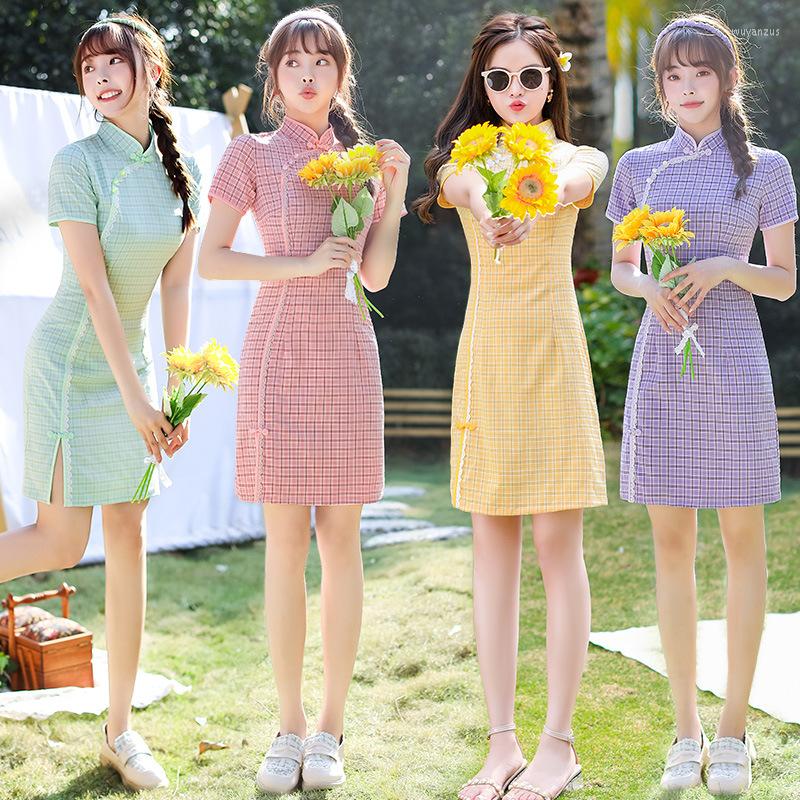 Etniska kläder 2023 Spring Chinese Sweet Girls Dress Grid Pattern Women Modern Qipao