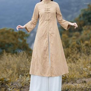 Ropa étnica 2023 primavera algodón Lino cuello mandarín vestido chino tradicional Qipao bata larga Vintage mujer Tang traje Cheongsam 12035