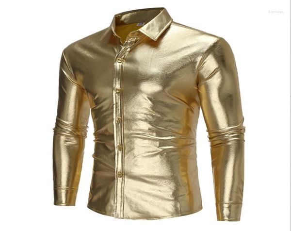 Vêtements ethniques 2023 printemps chemise à manches longues hommes Vintage ajusté simple boutonnage revers hauts discothèque tenue doré noir argent