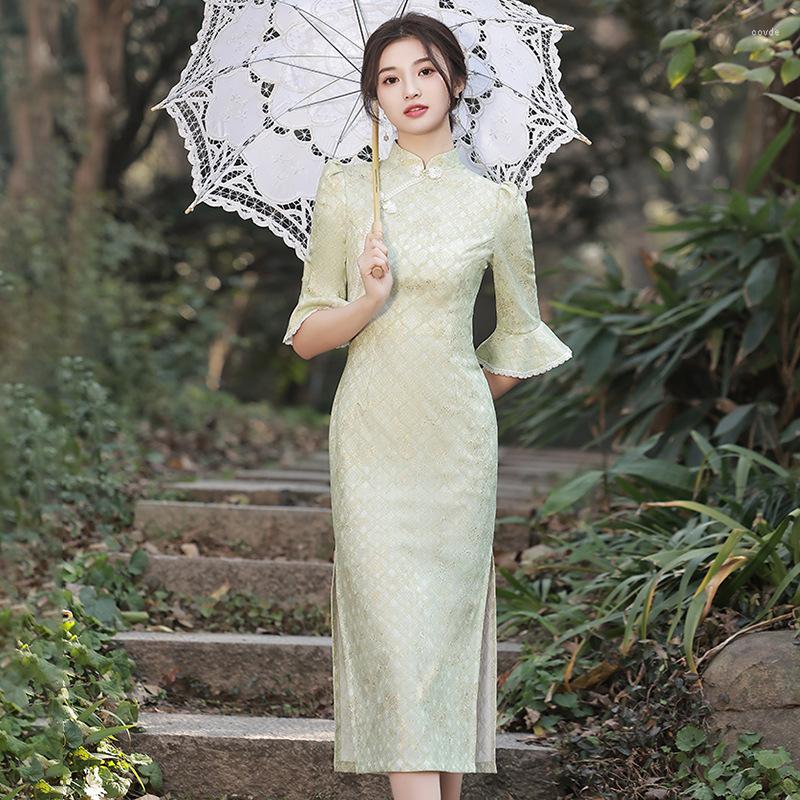 Etniska kläder 2023 våren enkel tunt förbättrad cheongsam halvärmad spets kant dagligen casual bröllop fest qipao aftonklänning för kvinnor