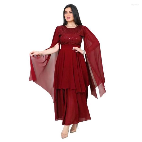 Ropa étnica 2023 Primavera Verano rojo verde poliéster musulmán mujeres moda cuello redondo lentejuelas vestido largo Abaya ropa