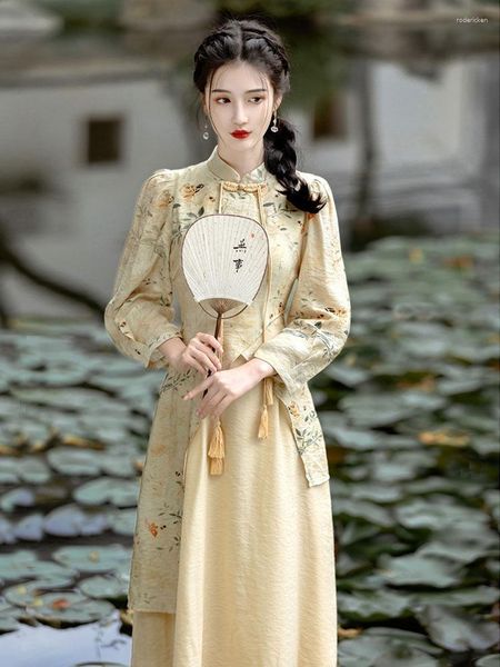 Vêtements ethniques 2023 printemps jaune longue Cheongsam robe Vintage mince Qipao femmes Style chinois soirée robes de mariée S à XXL