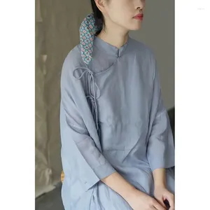 Ropa étnica 2023 Verano Otoño Blusa china Qipao Hanfu Zen Ramie Vestido original Arte Oriental Agraciado Mujeres Cómodas