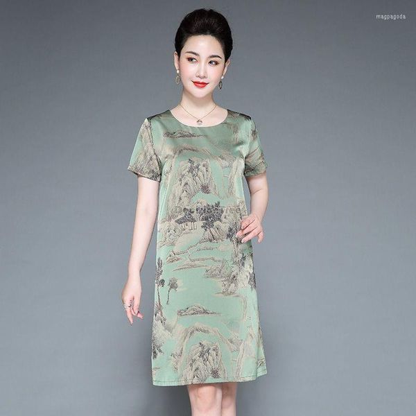 Vêtements ethniques 2023 été Style national chinois col rond manches courtes imprimé Robe en soie femmes mi-longueur élégant Robe quotidienne