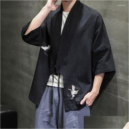 Ropa étnica 2023 verano estilo chino chaqueta de lino hanfu hombres traje traje suelto algodón retro kimono cardigan bata masculina gota deliv dhajc